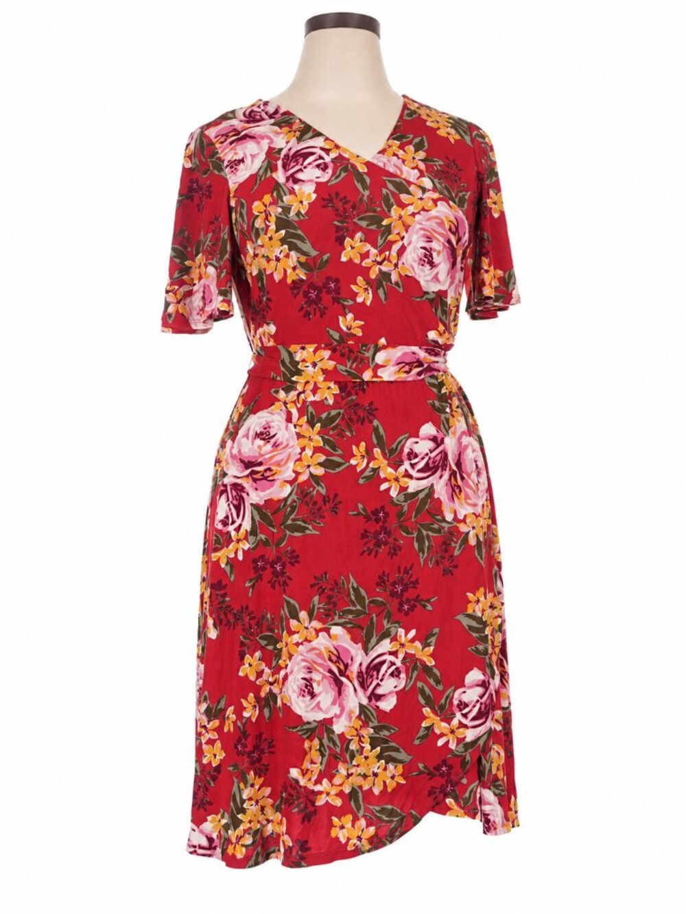 Donna Morgan Red Floral V-Neck Wrap Silhouette Midi Dress Size 8
